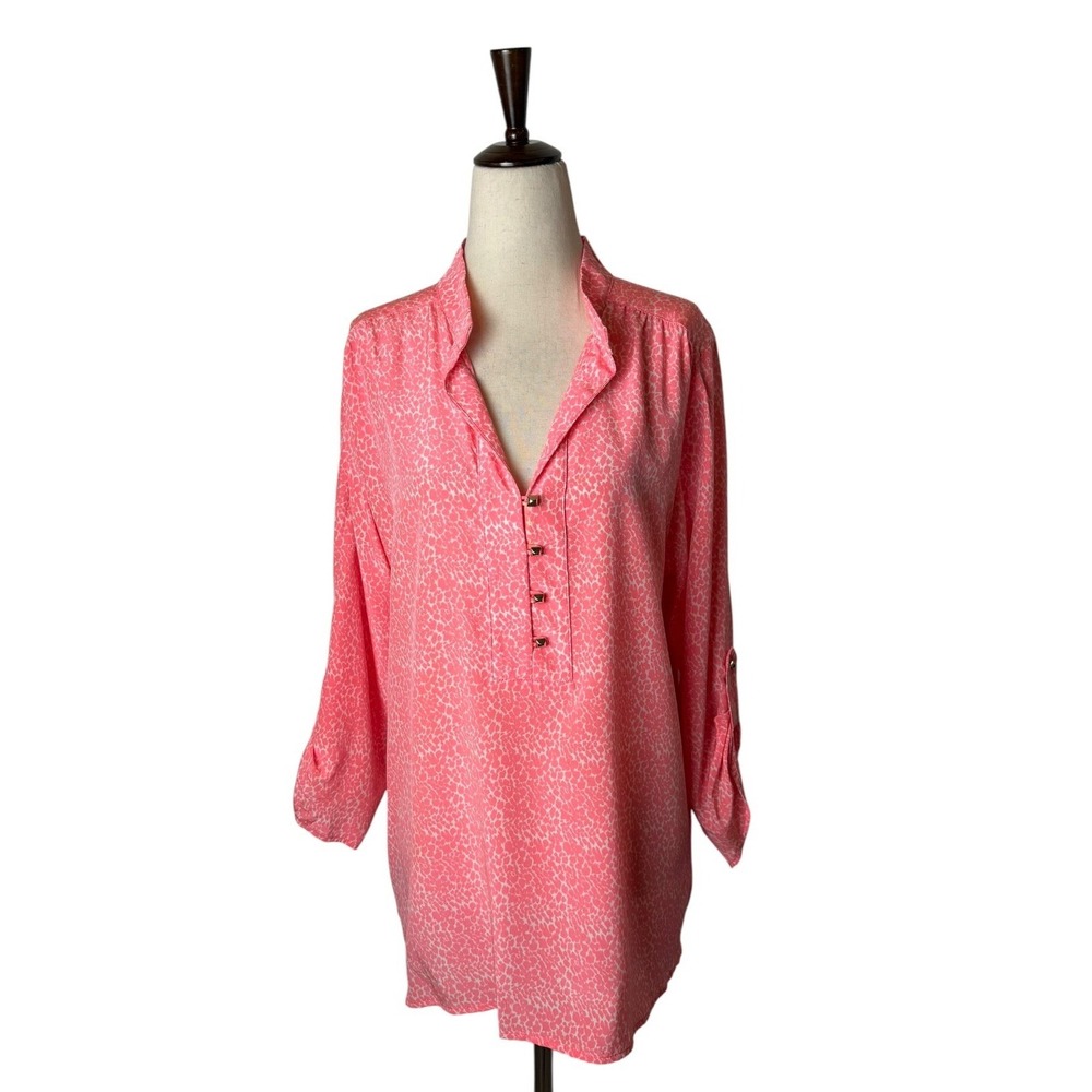 Britt Ryan Silk Tunic Blouse Women Large Pink Leopard Print Roll Tab Old Money - Picture 2 of 12